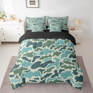 Imagem de Jogo de cama camuflado caçador de peixes de 7 peças, cama casal de baixo lúcio em uma bolsa, conjunto de cama de camuflagem inclui edredom, conjunto de lençóis, fronhas e fronhas, decoração de quarto
