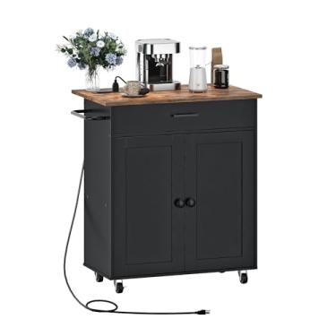 Imagem de CHOEZON Kitchen Island, carrinho de ilha de cozinha com um armário duplo e gaveta, carrinho de armazenamento com régua elétrica, com folha de gota, para cozinha, sala de estar, preto e marrom rústico