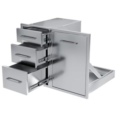 Imagem de Yokrawpet Combo de gaveta de porta de cozinha externa (74,5 L x 58 x 55 cm), cozinha ao ar livre, porta de acesso/gavetas triplas com alças de aço inoxidável, perfeito para churrasqueira e