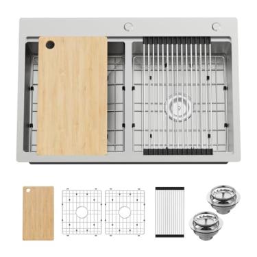 Imagem de Pia de cozinha com tigela dupla 50/50, 84 cm x 56 cm, pia de cozinha de aço inoxidável, fácil de fazer várias tarefas com tábua de corte, rack de secagem, tapete de silicone, grade inoxidável e