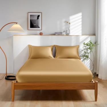 Imagem de THXSILK Jogo de lençol 100% seda amoreira - lençol com elástico profundo de 40,6 cm - conjunto de lençóis de seda pura 3 peças, pacote com 2 fronhas de seda com fecho de zíper - tamanho Queen, ouro