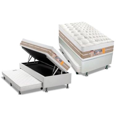 Imagem de Cama Box Baú C/Auxiliar Solteiro: Colchão Molas Castor Pocket Silver Star Air + Base Branco(88X188)