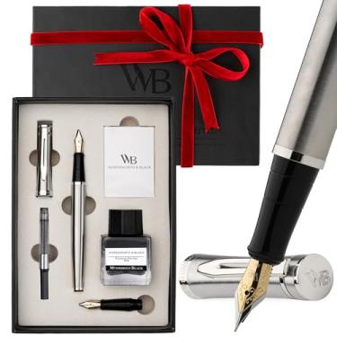 Imagem de Wordsworth & Black Conjunto de canetas-tinteiro, ponta média e extra fina dourada 18K, frasco de tinta preta de 25 ml, 6 cartuchos de tinta, conversor de recarga, caixa de presente, caneta de escrita