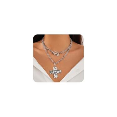Imagem de FUTIMELY Lyaered Colar OT com pingente de cruz grossa, vintage, banhado a ouro, grande crucifixo, pingente de corrente fina, gargantilha de alternância em camadas na moda, Small, Liga de aço, Sem
