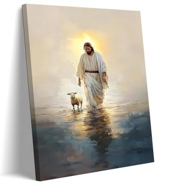 Imagem de Yaneiro Arte de parede em tela emoldurada de Jesus - Jesus andando na água com o cordeiro pinturas de decoração de parede, imagem impressa em pôster cristão para sala de estar quarto decoração de