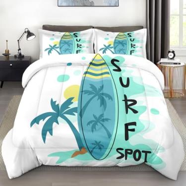 Imagem de Pamnest Conjunto de edredom solteiro, prancha de surfe, mar, verão, 2 peças, conjunto de cama macio para crianças e adultos, palmeira, praia, sol, edredom com fronha, para decoração de cama de quarto