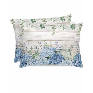 Imagem de Conjunto de 2 fronhas padrão Spring King, hortênsias de verão, folhas de eucalipto, prancha de madeira, cetim com fecho de zíper oculto suave, capas macias para decoração de sofá 50 x 91 cm