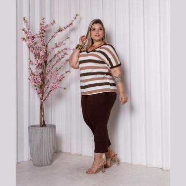 Imagem de Conjunto Verão Blusa Listrada Manga Curta e Calça Capri Plus Size - Ro