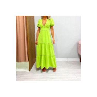 Imagem de Vestido longo decote v manga bufante saia dois babados feminino tendên