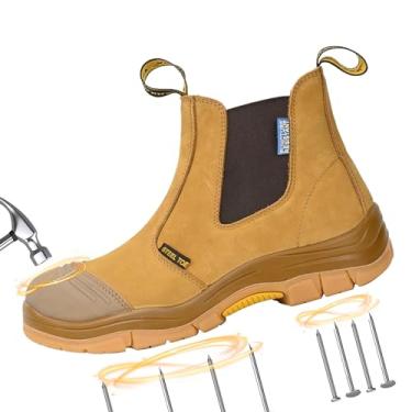 Imagem de BOIWANMA Botas De Trabalho Masculinas, Biqueira De Aço, Resistentes A Perfurações, Botas De Segurança Em Couro Chelsea, Tamanho 11, Eua, Trigo