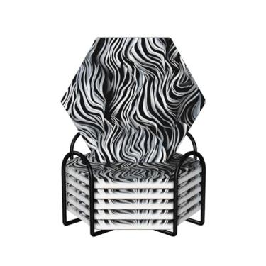 Imagem de Porta-copos para bebidas, conjunto de 6 porta-copos redondos absorventes de cerâmica antiderrapante com suporte e base de cortiça, tapete de copo reutilizável com padrão de zebra para tipos de xícara