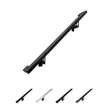 Imagem de Kit de barra de apoio de corrimão de alumínio moderno, suportes de aço ajustáveis incluídos, retorna à parede, revestimento em pó preto fosco (conjunto de corrimão de 3 pés)