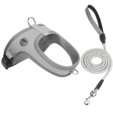 Imagem de Conjunto de coleira e coleira para cães, estilo sela, sem puxar, malha ventilada macia, ajustável, refletora - para cães e gatos médios e pequenos - Peitoral fácil de caminhar com 2 anéis D (cinza, P)