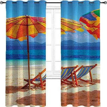 Imagem de Cortina isolada à beira-mar, espreguiçadeiras com vista para o mar tropical da Tailândia, imagem exótica de férias, 2 painéis por grupo são usados na sala de estar ou no quarto, L 106 x C 182 cm