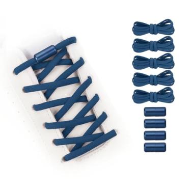 Imagem de YELARXI Cadarços elásticos sem amarrar, de substituição, com 4 fivelas de metal para tênis de lona, Azul escuro, 39 inch