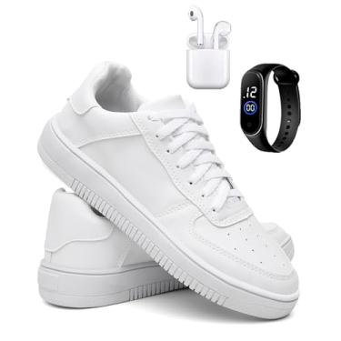 Imagem de KIT Tênis Masculino Casual Urbano Preto e Branco Leve Confortável e Estiloso com Fone de Ouvido e Relógio – Tamanhos 37 ao 44 (Branco, BR, Adulto, Numérico, 38)