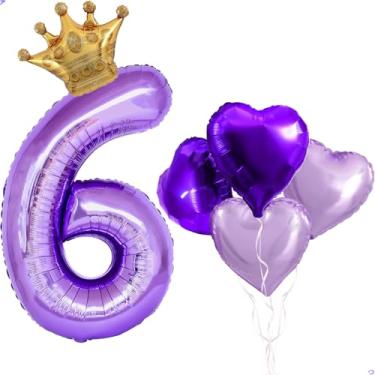 Imagem de Balão grande roxo número 6 coroa de 101,6 cm para decorações de aniversário Rapunzel, balões de aniversário Mylar Rapunzel para cabelo comprido, decorações de festa de aniversário de princesa roxa