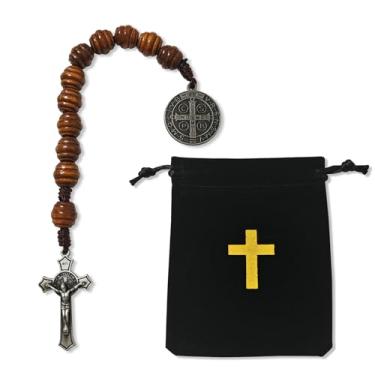 Imagem de Laozai Rosário de bolso para medalha de São Bento, contas de madeira marrom católica com medalha de san benitol e crucifixo (1 marrom)