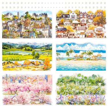 Imagem de Pacote com 6 adesivos de aquarela para scrapbook - tiras transparentes de PET com temas de natureza, cidade, flor de cerejeira e oceano, 55 x 180 mm, adesivos decorativos para diários, agendas (Rhea)