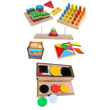 Imagem de Kit 5 (Formas Geométricas + Torre Hanói + Pinos de Encaixe + Encaixe se For Capaz + Tangram) + Teste Token