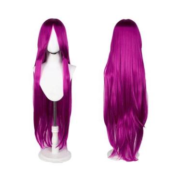 Imagem de Rosa Roxo 100cm Longo Reto Peruca Cosplay Com Franja Peruca Sintética 