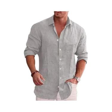 Imagem de Camisa Casual Masculina De Manga Comprida, Ajuste Solto, Cor Pura, Alg