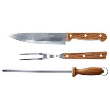 Imagem de Kit Churrasco Jogo Faca 3 Peças Amolador Garfo - Envio Já - Wellmix
