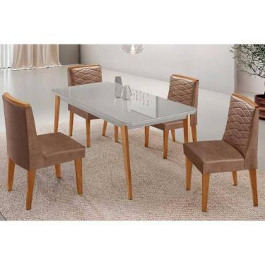 Imagem de Conjunto Sala de Jantar Havana c/ Tampo Madeirado c/ Vidro Canto Curvo 120x80cm e 4 Cadeiras Maldivas Madeira Maciça Naturale/Off White - Capuccino/Co