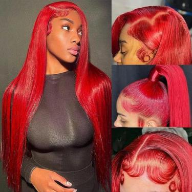 Imagem de Perucas frontais de renda sintética Oxeely Red, cabelos longos e lisos