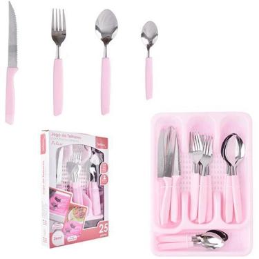 Imagem de Conjunto De Talheres Com Porta Talher Rosa 25 Peças