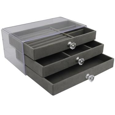 Imagem de Porta Joias com 3 Gavetas, Organizador Multiuso com Divisórias, 20x20x25cm, Veludo Interior (Cinza)
