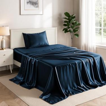 Imagem de Conjunto de lençóis de cetim solteiro Lux Decor de 3 peças – Tecido luxuoso sedoso macio 100% poliéster, lençol com elástico alto – Roupa de cama macia e respirável com fronhas (azul marinho)