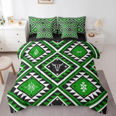 Imagem de Erosebridal Conjunto de edredom Queen rústico ocidental, 7 peças, com caveira de touro, boêmia, sudoeste, chifres étnicos, casa de fazenda, decoração de quarto, verde geométrico, diamante, lençol em