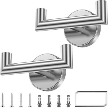 Imagem de XYTZHSAI 2 peças de ganchos duplos de aço inoxidável para banheiro ferrugem simplificados ganchos de parede de toalha de rolamento de carga forte ganchos de parede para pendurar roupas bucha (prata, 2