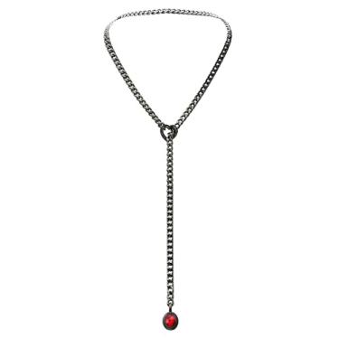 Imagem de EverGlimp Colar de corrente de coração para mulheres, corrente cubana de ouro com anel de coração removível, pingente de cristal brilhante, colar em Y ajustável, joia delicada. (Preto-vermelho)