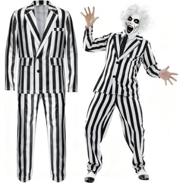 Imagem de Conjunto de fantasia masculina listrada preta e branca para cosplay de Halloween, jaqueta de terror com gravata e peruca, filme assustador dos anos 80