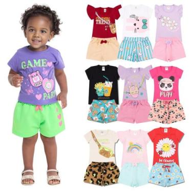 Imagem de Kit 6 Peças de Roupas Infantil Menina 3 Camisetas 3 Bermudas Kit com 3