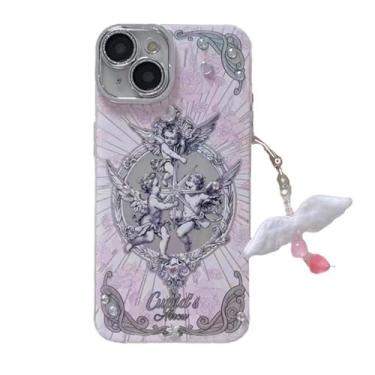 Imagem de Capa para iPhone 17 Pro Max, linda linda e adorável idade média retrô anjo cupido elegante capa com alça de charme estética diamante glitter capa protetora para lente da câmera (para iPhone 17 Pro Max