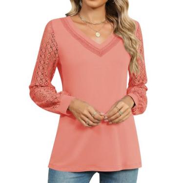 Imagem de Blusa feminina TCOT com decote em V, manga comprida, renda, rosa coral