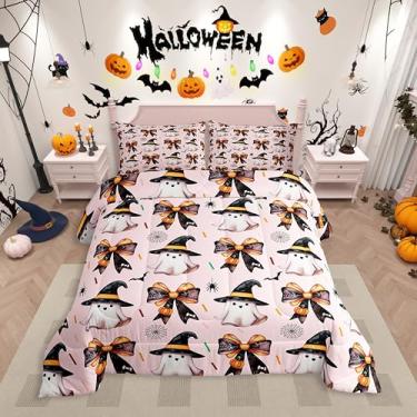Imagem de Erosebridal Jogo de cama King com laços de Halloween, fantasma bruxo, morcegos de teia de aranha, edredom para crianças, colcha de nó de laço gótico, decoração de quarto de morcego assustador com 2