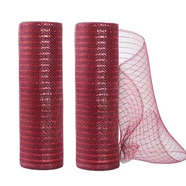 Imagem de LoomJoyz 2 rolos de 25 cm x 10 metros (30 pés) fita de malha metálica bordô com fita de malha de folha vermelha para grinalda de guirlanda de Natal, decoração de casa e festa
