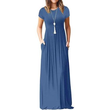 Imagem de Vestido maxi feminino AUSELILY, sólido, liso, de manga curta com bolso