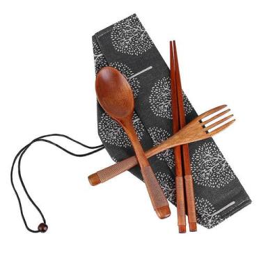 Imagem de Japonês vintage pauzinhos de madeira colher garfo talheres 3pcs conjun