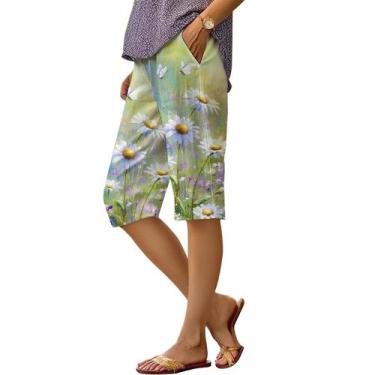 Imagem de Shorts DMOYALA com estampa floral de linho de cintura alta para mulher