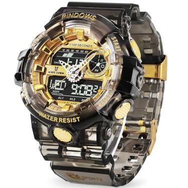 Imagem de PINIDOUS Relógio masculino esportivo, digital, dourado, transparente, à prova d'água, com 3 alarmes/contagem regressiva/cronômetro/digital-analógico/tempo duplo/luz/relógio de pulso multifuncional