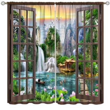 Imagem de DKMQQUL Cortinas de paisagem, natureza chinesa, montanha, lago, guindaste, lótus, estilo asiático, impressão de janela de madeira, tratamento de janela para cozinha, sala de estar, quarto, escritório