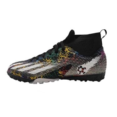 Imagem de tiebaoGanar Sapatos de futebol para crianças grandes, meias de cano alto, chuteiras de futebol de chão firme, profissional, atlético, atividades ao ar livre, Preto, 18