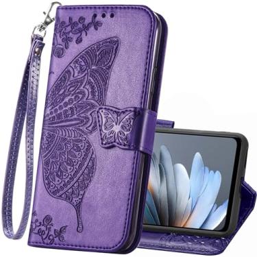 Imagem de Capa carteira para T-Mobile REVVL 8 Pro 5G, carteira de couro PU, capa protetora para celular, alça de pulso, compartimentos para cartões, bolso em relevo, borboleta, flor, suporte, capa para T-Mobile