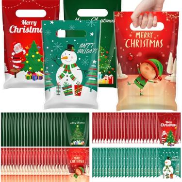 Imagem de Gilprop 100 unidades de sacolas de plástico para presentes de Natal com alças Feliz Natal, lembrancinhas de festa feliz com árvore de Natal, boneco de neve, Papai Noel, para escola, escritório, casa