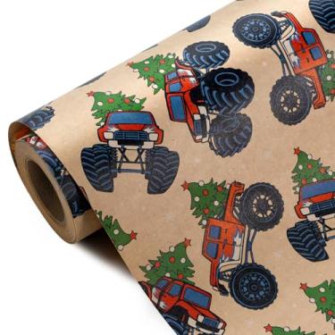 Imagem de WRAPAHOLIC Papel de embrulho de Natal para caminhão Kraft – Mini rolo – 43 cm x 40 cm – Papel de embrulho para árvore de Natal e caminhão para meninos e crianças, Natal, festa comemorativa